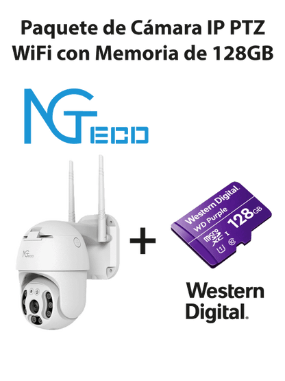 NGTECO NGC4200PAK - Paquete de Cámara NGC4200 IP PTZ WiFi 3MP con Memoria de 128GB Micro SDXC/ Linea Purple/ Clase 10 U1