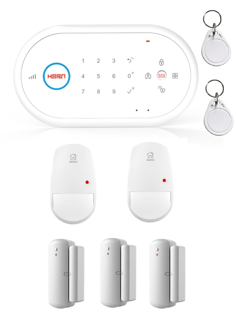 IHORN ND1 123 -Paquete de Alarma que incluye Un Panel De Alarma ND1 con Comunicación 2G. 32 Zonas Inalámbricas. Dos Sensores de Movimiento LH990F y Tres Contactos Magnéticos  HO09AF. Incluye Fuente y 2 Llaveros RFID.