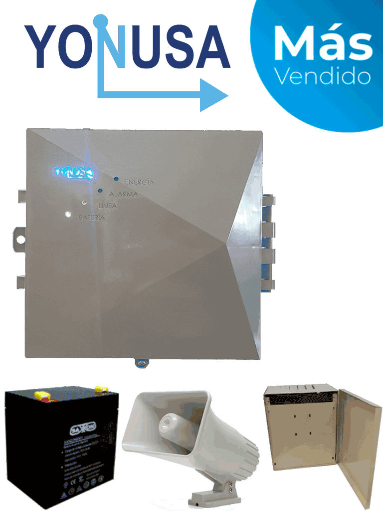 YONUSA EYNG12001BAT - Energizador de nueva generación de12 000 V con hasta 2 500 metros lineales  compatible con modulo Wifi  incluye Sirena de 30W con gabinete metálico y batería de respaldo de 12VDC a 4.5 Ah