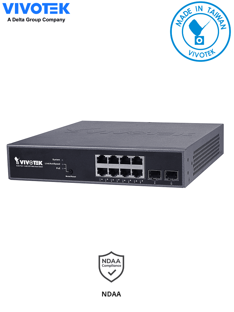 VIVOTEK AW-GEV-104B-130 - Switch Gigabit PoE Administrable con 8 puertos GE  2 puertos SFP  130W totales  WEB Smart  30W por puerto  compatible con VIVOCAM #V1