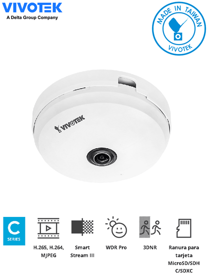 VIVOTEK FE9180-H - Cámara IP fisheye interior 5 MP  visión hemisférica 360º  Smart Stream III  WDR Pro  3DNR  micrófono integrado  ranura de tarjetas MicroSD  ONVIF #DW #retail