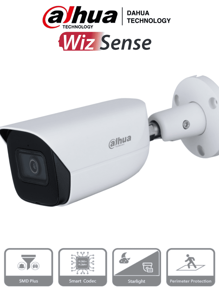 DAHUA IPC-HFW3241E-SA - Camara IP Bullet con Inteligencia Artificial/ 2 Megapixeles/ Lente de 2.8mm/ 106 Grados de Apertura/ Microfono Integrado/ Wizsense/ WDR de 120 dB/ IR de 50 Mts/ SMD Plus/ IP67/ Ranura para MicroSD/ Protección Perimetral/