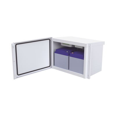 Gabinete para Baterías (Hasta dos PL4012). Fabricado en Lámina Galvanizada. Opción para Montar en Poste (No Incluida)