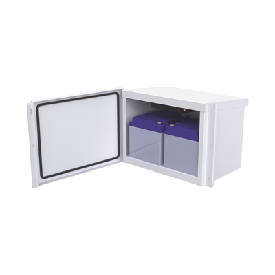 Gabinete para Baterías (Hasta dos PL4012). Fabricado en Lámina Galvanizada. Opción para Montar en Poste (No Incluida)