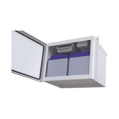Gabinete para Baterías (Hasta dos PL4012). Fabricado en Lámina Galvanizada. Opción para Montar en Poste (No Incluida)