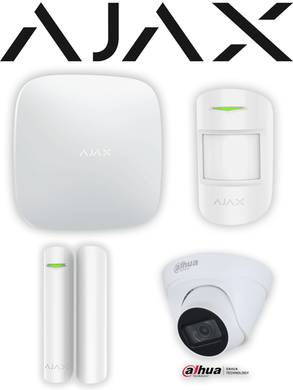 AJAX+DAHUA  Integra KIT  - Paquete de Alarma Inalámbrica AJAX Hub2Plus conexión Ethernet / WiFi / LTE  Sensor PIR   Sensor Magnético y  Cámara Dahua IP Domo de 2 MP Lente de 2.8mm IR de 30 Mts IP67 DWDR. Integración de cámaras Dahua mediante APP AJA
