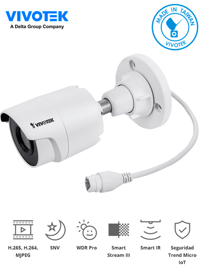 VIVOTEK IB9380-H - Cámara IP bullet exterior 5 MP  H.265  lente 3.6mm  Smart IR 30m  WDR Pro  SNV  ciberseguridad Trend Micro  Smart Stream III  ranura MicroSD  IP66/IK10  NDAA  ONVIF.