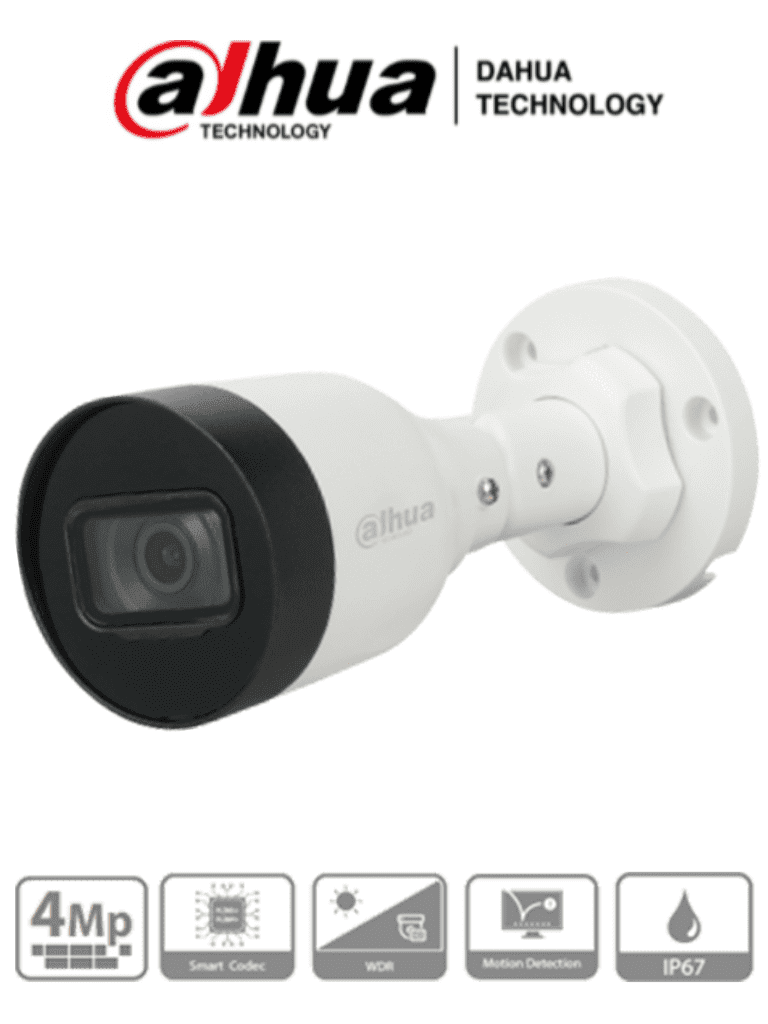 DAHUA IPC-HFW1431S1-A-S4 - Cámara IP Bullet de 4 Megapixeles lente de 2.8 mm con ángulo de visión de 104 grados  IR de 30 m  compresión H.265+  micrófono integrado  PoE  WDR real  protección IP67 para uso en exteriores.