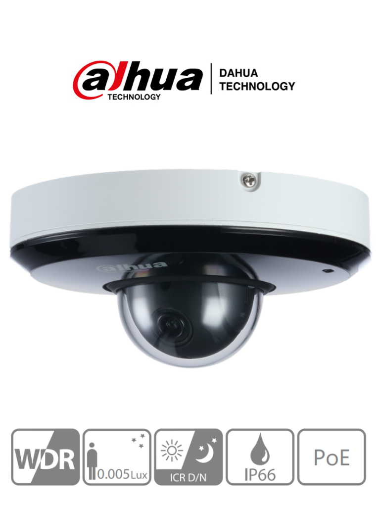 DAHUA SD1A203T-GN - Cámara IP Domo PTZResolución de 2 MP/ Lente Mot. 2.7 a 8.1mm/ ? 105.6°-35.2°/ 3x de Zoom/ IR 15 mts/ Starlight/ PoE/ WDR/ IP66/ IK08/ Micrófono/ E&S Audio/