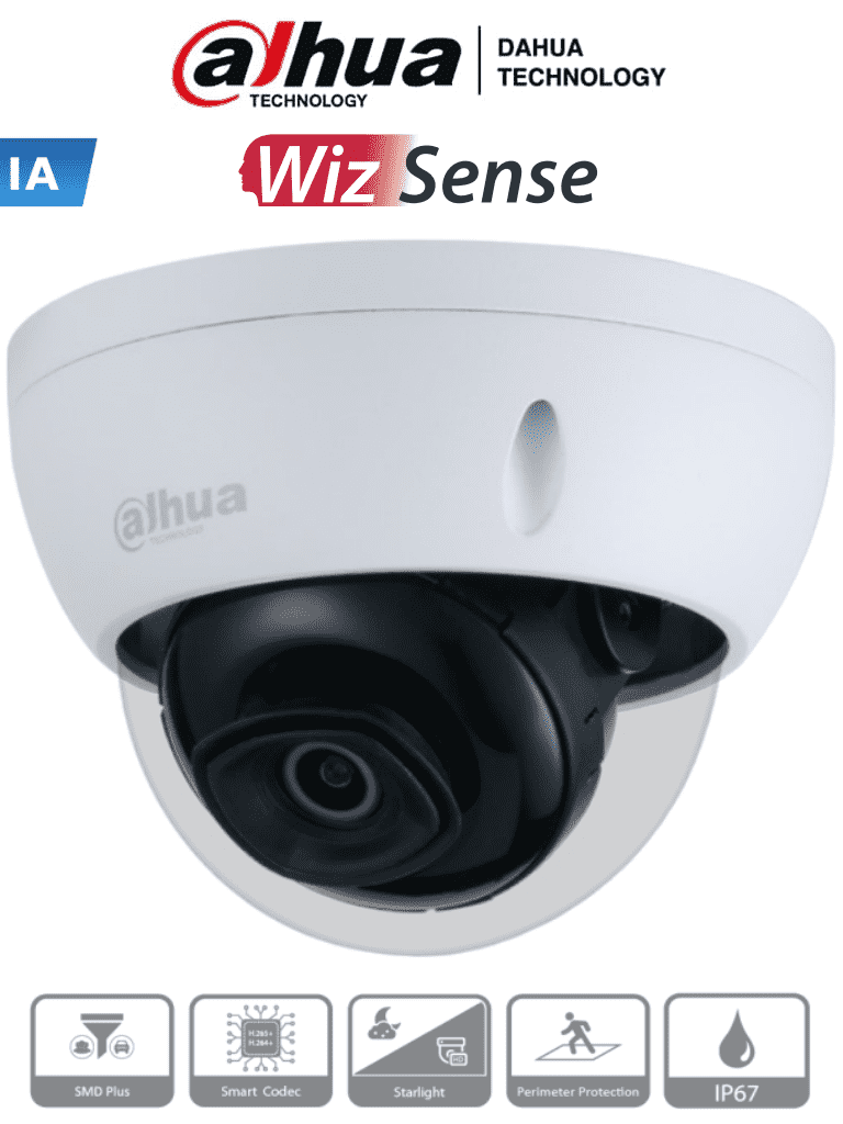 DAHUA IPC-HDBW3441E-AS - Cámara IP Domo Antivandálica de 4 Megapíxeles/ WizSense/ Lente de 2.8mm/ 103 Grados de Apertura/ IR de 50 Metros/ 1&1 E&S de Aalarmas y Audio/ Metalica/ IP67/IK10/ Ranura para MicroSD/ SMD Plus/ PoE/ WDR Real/