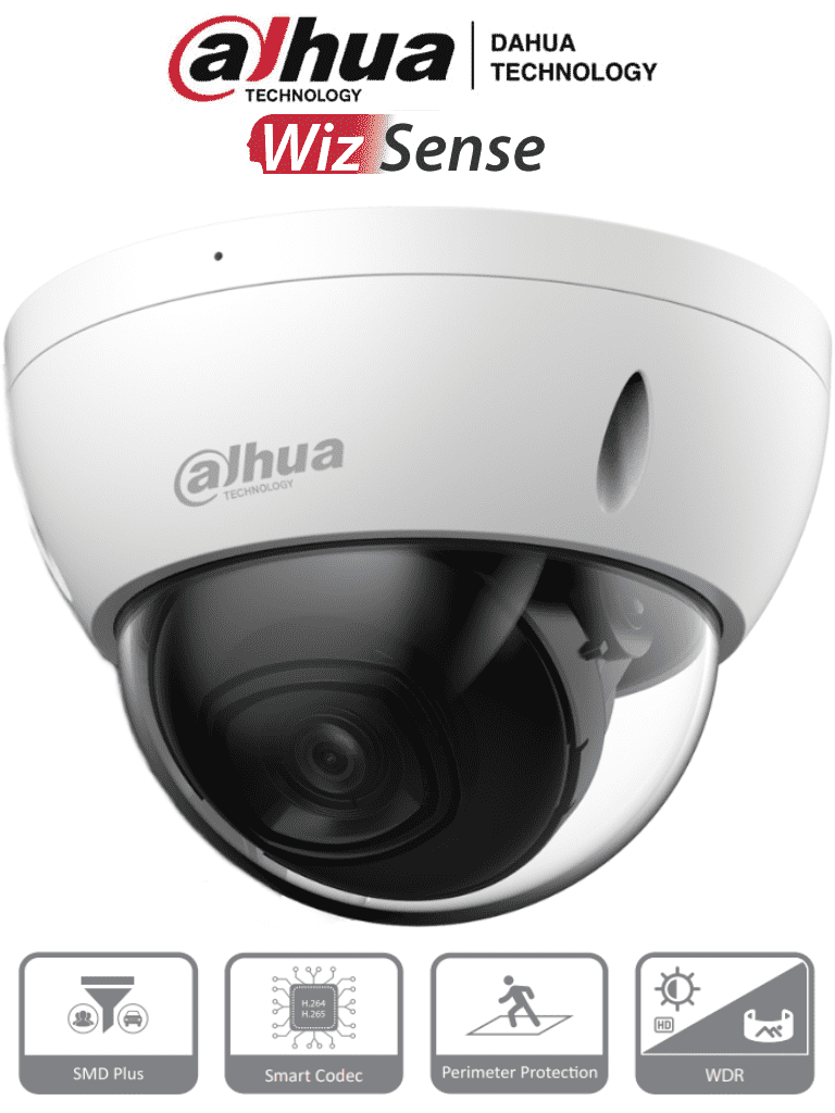 DAHUA IPC-HDBW2441E-S - Camara IP Domo Antivandalica de 4 Megapixeles con WizSense  ángulo de visión 102°  IR de 30 m  SMD Plus  micrófono  PoE  ranura MicroSD  IP67  IK10  WDR 120 dB  H.265+. Ideal para seguridad.