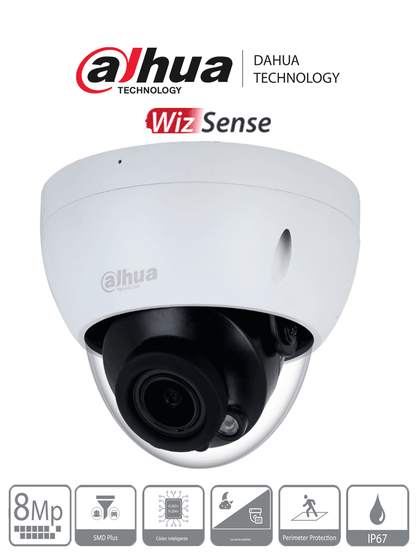 DAHUA DH-IPC-HDBW2841R-ZS - Cámara IP Domo Antivandálica de 8MP con lente motorizado 2.7-13.5mm  IR 40m  IA WizSense  detección de movimiento inteligente  protección perimetral  Starlight  PoE  WDR  H.265+  IP67  IK10.