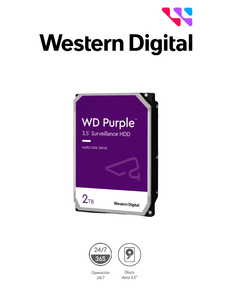 WESTERN DIGITAL WD23PURZ - Disco duro de 2TB / Serie Purple para videovigilancia / Trabajo 24/7/ Interface: Sata 6 Gb/s/ Hasta 64 Cámaras/ Hasta 8 Bahías de Discos Duros/ 3 Años de Garantía #CORRIENDO
