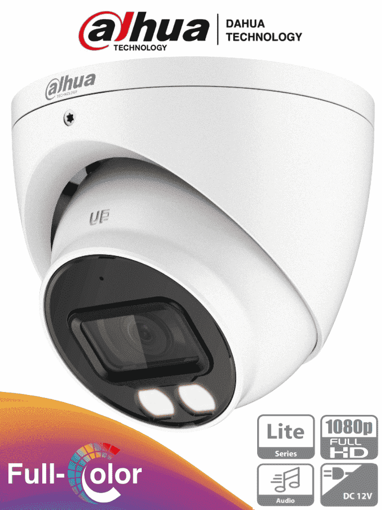 DAHUA HAC-HDW1239T-A-LED - Camara Domo Full Color de 2 Megapixeles/ 1080p/ Lente de 3.6 mm/ Microfono Integrado/ Metalica/ Leds  para 40 Metros/ WDR Real de 130 dB/ IP67/ Starlight/ #FullColor