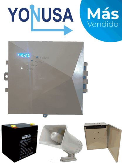 YONUSA EYNG12001BAT - Energizador de nueva generación de12 000 V con hasta 2 500 metros lineales  compatible con modulo Wifi  incluye Sirena de 30W con gabinete metálico y batería de respaldo de 12VDC a 4.5 Ah