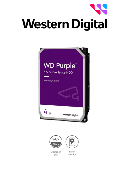 WESTERN DIGITAL WD43PURZ -  Disco Duro de 4TB Purple/ Especial para Videovigilancia/ Trabajo 24/7/ Interface: Sata 6 Gb/s/ Hasta 64 Cámaras/ Hasta 16 Bahías de Discos Duros/ 180Mb/S /3 Años de Garantía #VIVA