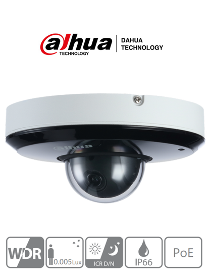 DAHUA SD1A203T-GN - Cámara IP Domo PTZResolución de 2 MP/ Lente Mot. 2.7 a 8.1mm/ ? 105.6°-35.2°/ 3x de Zoom/ IR 15 mts/ Starlight/ PoE/ WDR/ IP66/ IK08/ Micrófono/ E&S Audio/