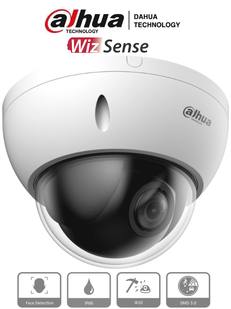 DAHUA SD22204DB-GNY - Cámara IP PTZ de 2 MP / WizSense/ 4x de Zoom óptico/ Starlight / Detección facial/ SMD 3.0/ Antivandálica IK10/ Exterior IP66/  Protección perimetral / Ranura para MicroSD/ PoE/ #HL