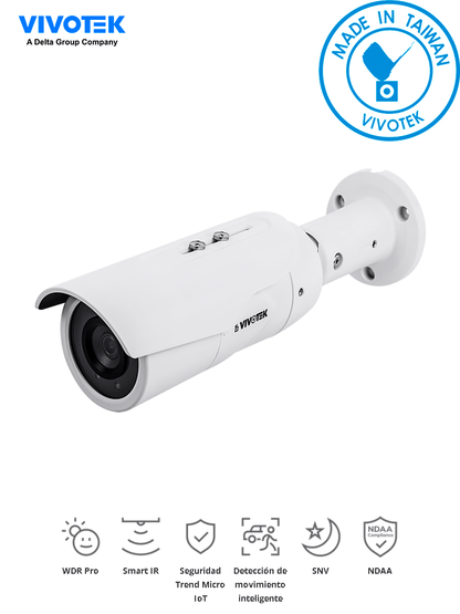 VIVOTEK IB9389-EH-v2 - Cámara IP bullet exterior 5 MP  H.265  lente fijo 3.6mm  WDR Pro  Smart IR 30m  visión SNV  Smart Stream III  ciberseguridad Trend Micro  Smart Motion  protección IP66 e IK10  certificación NDAA y compatible con ONVIF #TM