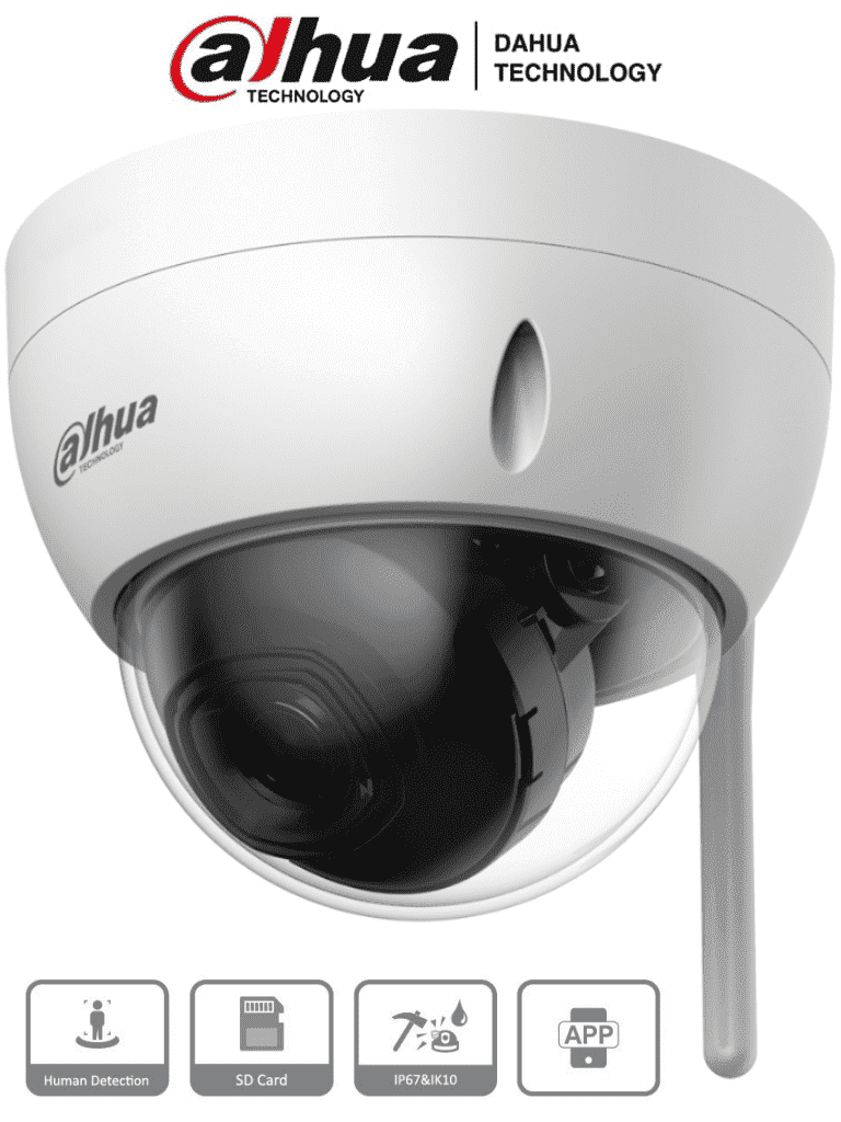 DAHUA IPC-HDBW1230DE-SW - Camara IP Domo Wifi de 2 Megapixeles/  Lente de 2.8 mm/ 100 Grados de Apertura/ IR de 30 Metros/ Ranura para MicroSD/ IP67/ Antivandalica Ik10/ Detección de Humanos SMD/ Hasta 80 Metros de Alcance en Area Abierta/