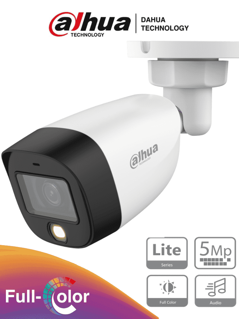 DAHUA HAC-HFW1509CN-A-LED - Cámara Bullet Full Color de 5 MP con lente de 2.8 mm y apertura de 112°. Incluye micrófono integrado  LEDs para visión nocturna hasta 20 metros  WDR de 120 dB y tecnología Starlight. Resistente al agua IP67 #HDCVI9.0