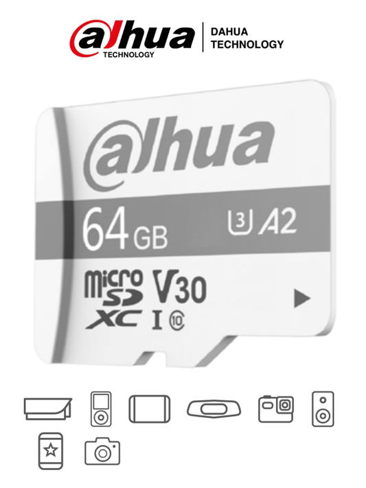 DAHUA TF-P100/64 GB - Dahua Memoria Micro SD de 64 GB UHS-I/ C10/U3/V30/A2/ Velocidad de Lectura 100 MB/s/ Velocidad de Escritura de 38 MB/s/ Especializada para Videovigilancia/