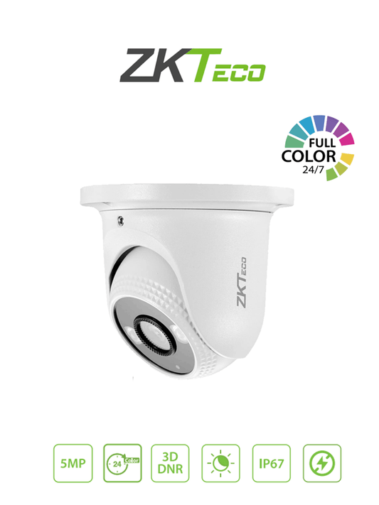 ZKTECO ES855P11CS7CMI- Cámara IP Domo Full Color 5 Megapíxeles /  Compresión H.265 / Lente 2.8 mm / Alcance IR 20mts / Detección Facial / Micrófono Integrado / ONVIF Profile SCarcasa metálica / PoE /  IP67 / P2P