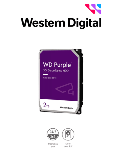 WESTERN DIGITAL WD23PURZ - Disco duro de 2TB / Serie Purple para videovigilancia / Trabajo 24/7/ Interface: Sata 6 Gb/s/ Hasta 64 Cámaras/ Hasta 8 Bahías de Discos Duros/ 3 Años de Garantía #CORRIENDO