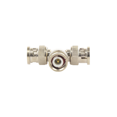 Adaptador de Triple conectores BNC macho para uso en sistemas de video vigilancia en aplicación con cables coaxiales RG-59/ RG-6  Níquel/ Oro/ Politetrafluoroetileno.