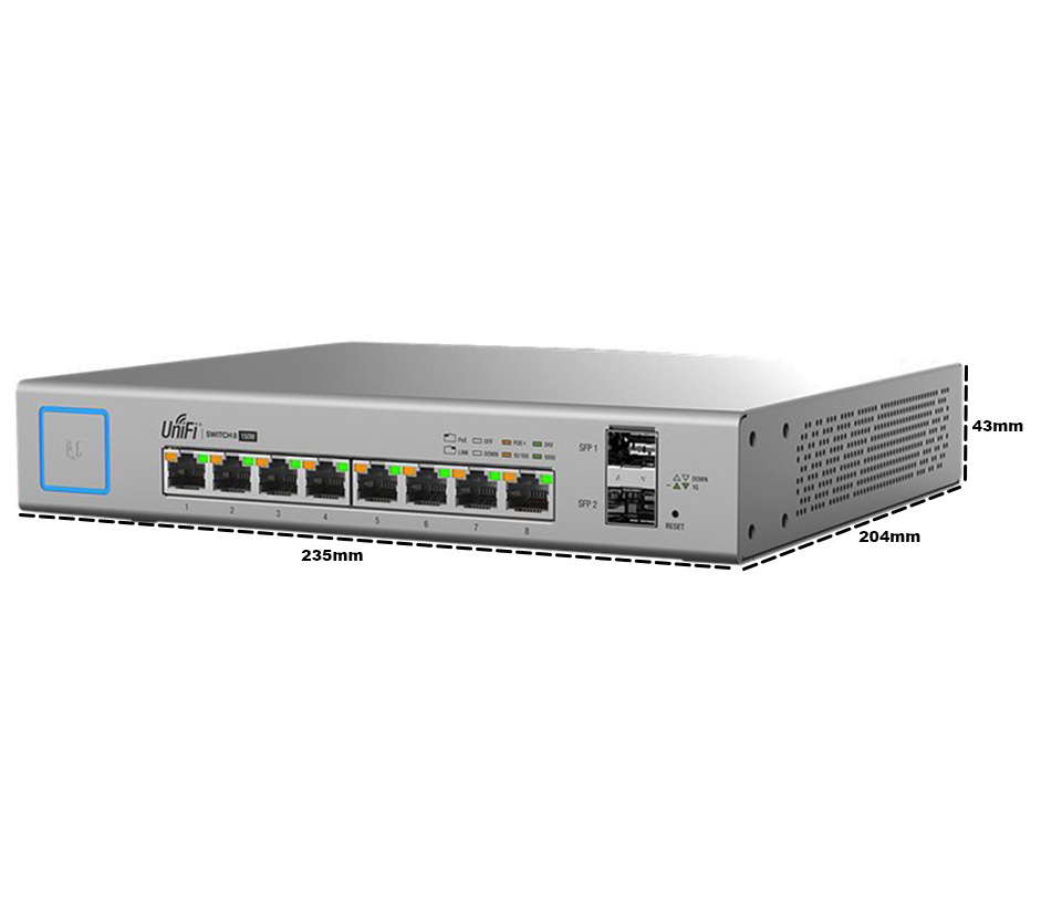 UBIQUITI US-8-150W - Switch UniFi Gigabit PoE con 8 puertos Gigabit Ethernet  2 puertos SFP  PoE de 150 Watts y capacidad de conmutación de 20 Gbps.