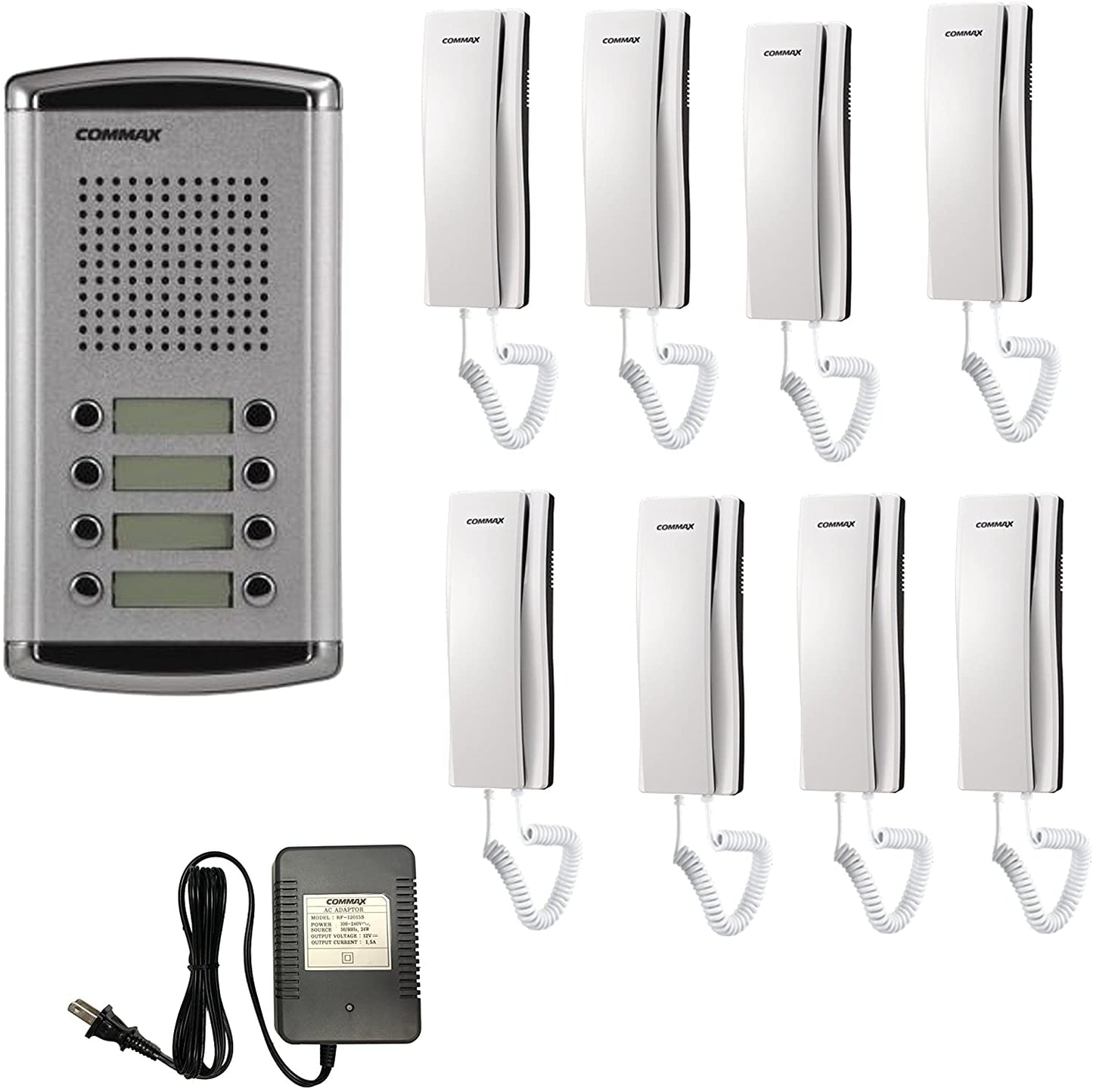 COMMAX DR8AMAP - Kit de frente de calle de audio DR8AM para 8 apartamentos incluye 8 auriculares DPSS y fuente de energía RF1A de 12VDC/ Soporta función de apertura de puerta