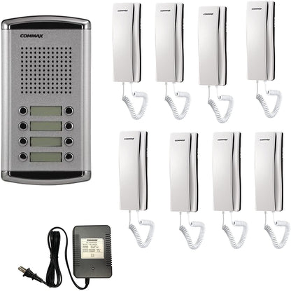 COMMAX DR8AMAP - Kit de frente de calle de audio DR8AM para 8 apartamentos incluye 8 auriculares DPSS y fuente de energía RF1A de 12VDC/ Soporta función de apertura de puerta