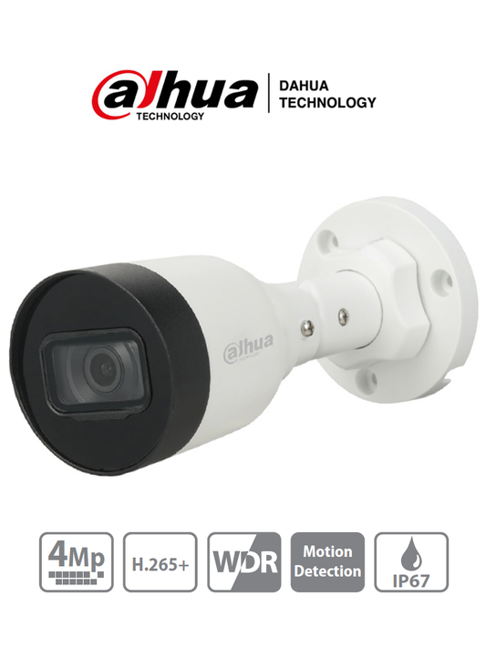 DAHUA IPC-HFW1431S1-S4 - Cámara IP Bullet de 4 Megapixelescon compresión H.265+  lente de 2.8 mm  ángulo de visión de 93°  IR de 30 m  30 FPS  tecnología WDR  y certificación IP67 para resistencia al agua y polvo.