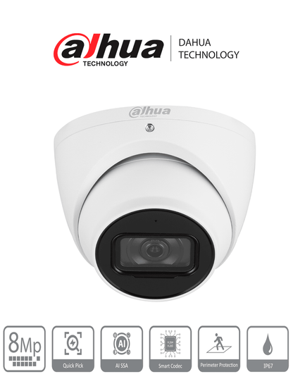 DAHUA DH-IPC-HDW3841EM-S-S2 - Cámara IP Domo de 8 MP con diseño Eyeball  lente 2.8 mm  y tecnología WizSense. Ofrece visión nocturna con IR de 30m  SMD 4.0 y AI SSA para análisis inteligente. Incluye ranura para MicroSD  y protección IP67 soportando