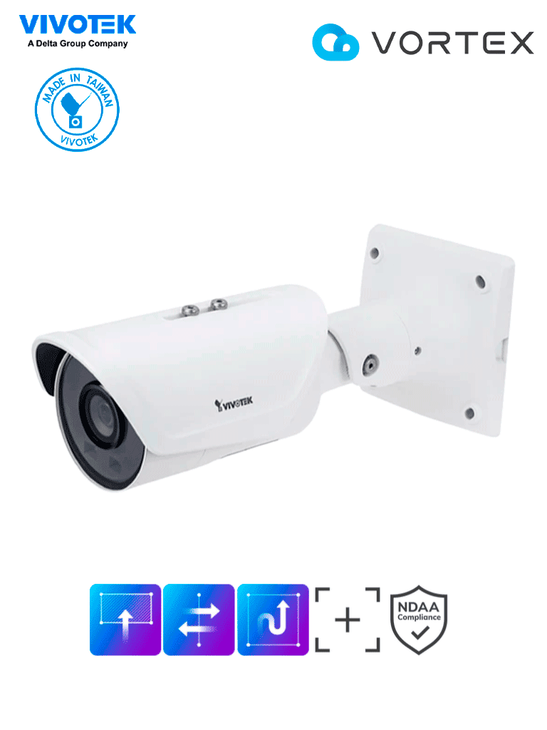VIVOTEK IB837-HT - Cámara IP VORTEX Premium Series bullet exterior 5 MP  Lente varifocal 2.7-13.5mm  IR 50m  WDR Pro  IP66  IK10  NDAA  Almacenamiento 256GB  Advance AI