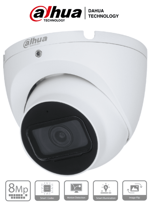 DAHUA IPC-HDW1830T-S6 - Camara IP Domo 4k/ 8 Megapixeles/ Lente de 2.8 mm/ 105 Grados de Apertura/ Micrófono Integrado/ IR de 30 Metros/ Metálica/ H.265/  IP67/ DWDR/ PoE/