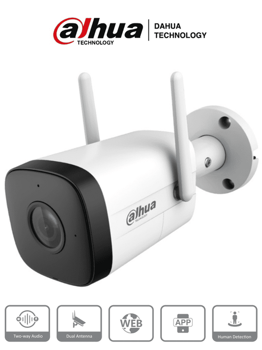 DAHUA IPC-HFW1230DT-STW  - Cámara IP Bullet Wifi de 2 Megapixeles/ Lente de 2.8 mm/ 100 Grados de Apertura/ IR de 30 Metros/ H.265/ Microfono y Altavoz Integrados/ Ranura MicroSD/ IP67/ Detección de Movimiento #KitDahua #MCI2Q125 #MDIP #IMD