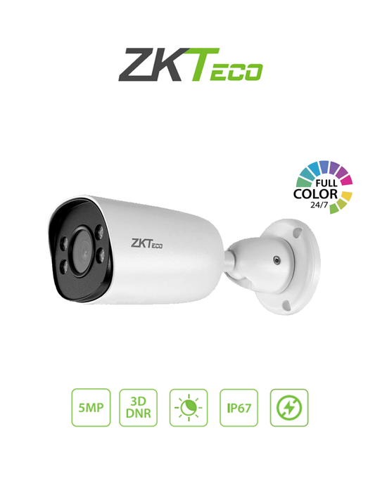 ZKTECO BS855P12CS7CMI - Cámara IP Bullet Full Color 5MP  / Compresión H.265 / Lente 3.6 mm / Alcance IR 20mts / Detección Facial / Micrófono Integrado / Carcasa metálica / PoE / IP67 / P2P / ONVIF Profile S