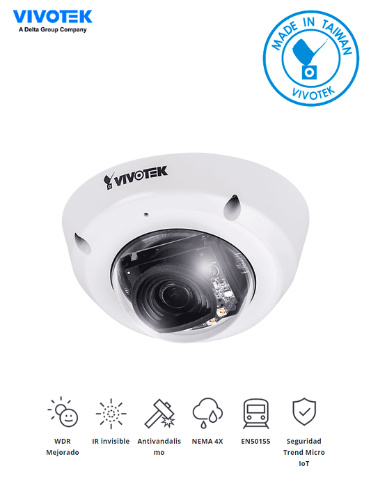 VIVOTEK MD8565N - Cámara IP domo exterior 2 Megapixeles/ Lente Fijo 2.4mm/ Micrófono Integrado/Protección IP66  IK10  Nema4X/ Smart IR Invisible 10mts/ Smart Stream II/ Certificación EN50155/ Ciberseguridad Trend Micro/Dual Power PoE y DC/ONVIF