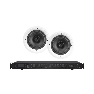 Amplificador de Audio con 2 Bocinas SP6 | 2 x 60W | Baja Impedancia 4 - 8O | Reproductor Bluetooth  FM  USB  SD | Efectos Integrados Delay  Echo  Repeat