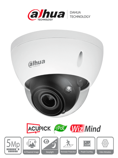DAHUA  IPC-HDBW5541E-ZE - Cámara IP Domo 5MP con WizMind y Lente Motorizado 2.7-13.5 mm  LED IR 40m  114°  H.265+  Metadatos  SMD 3.0  Acupick  E/S de Alarma y Audio  Micro SD  IP67  IK10  ePoE. Ideal para seguridad avanzada.