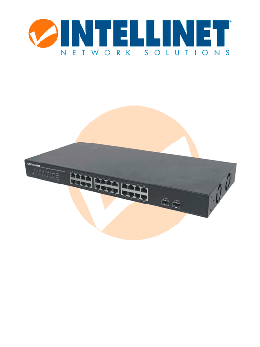 INTELLINET 561044 - Switch de 24 Puertos Gigabit Ethernet con 2 puertos SFP / 10/100/1000 Mbps RJ45 + 2 puertos SFP  IEEE 802.3az (Energy Efficient Ethernet)  para montaje en rack de 19"  chasis metálico