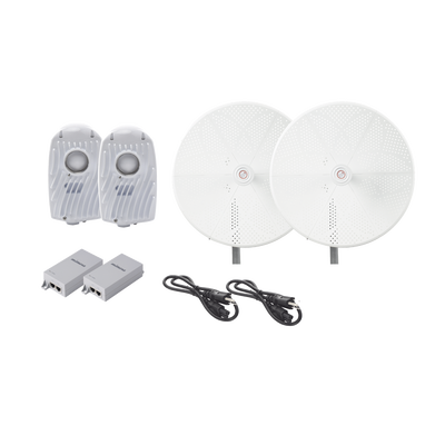 Kit de 2 radios B5X con antenasTXPD34B5X de (34 dBi)  rango de frecuencia extendida (4.9 a 6.4 GHz)   incluye inyector POE  cable de alimentación y  para alineación  distancia de hasta 40 km
