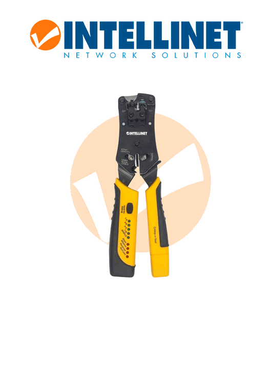 INTELLINET 780124 Pinza Crimpeadora Universal de Plugs Modulares y Probador de Cables 2-en-1 Crimpeadora y Probador de Cables - Corta  Pela  Remata y Prueba