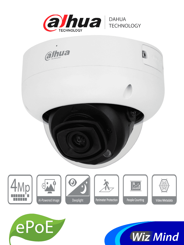 DAHUA DH-IPC-HDBW5442R-ASE - Cámara IP Domo de 4 Megapixeles/ Lente de 2.8mm/ IR LED 50m/ AcuPick / WizMind/ Metadatos/ Protección Perimetral/ Conteo de Personas/ SMD 3.0/ IP67/ IK10/ E&S de Alarma y Audio