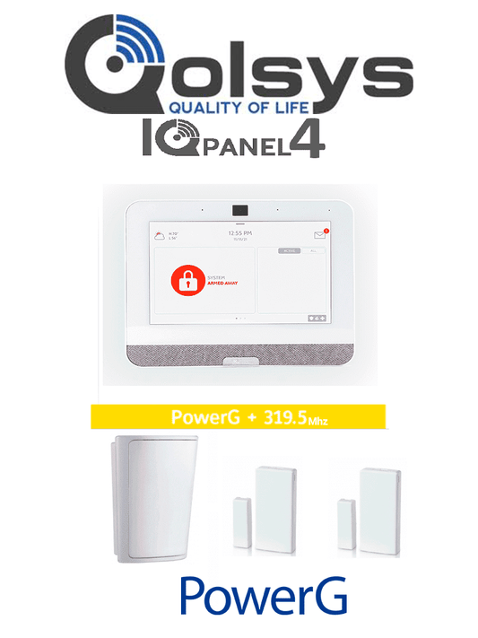 QOLSYS IQ4 PACK - Paquete de Alarma IQPanel4 de Qolsys incluye Panel Autocontenido  con Pantalla Táctil de 7"  Power G 915 Mhz + Qolsys S-Line 319.5 Mhz. 4 Bocinas integradas  2 Magnéticos Inalámbricos PG9303 y 1  PIR Inalámbrico PG9914
