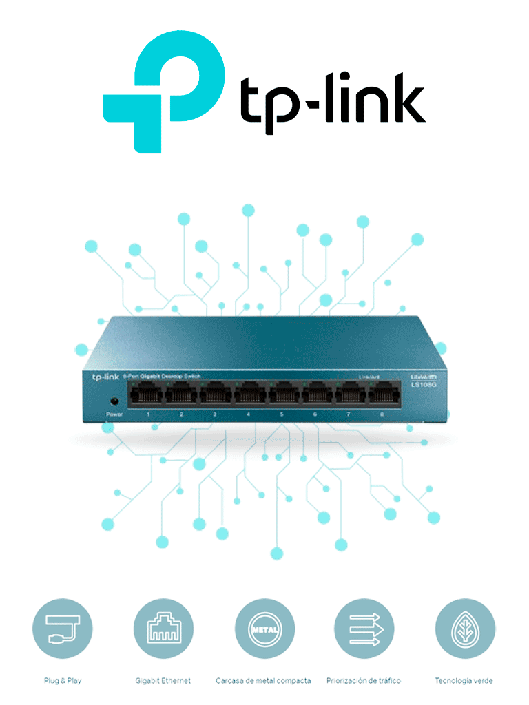 TP-LINK LS108G - Switch de escritorio Gigabit de 8 puertos 10/100/1000Mbps y carcasa metálica.