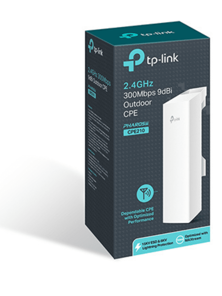 TP-LINK CPE210 - Radio CPE para exteriores con antena integrada de 9dBi en 2.4GHz a 300Mbps  MIMO 2x2  Pharos MAXtream TDMA  Modos: AP  Cliente  Router AP  Cliente Router AP (WISP)