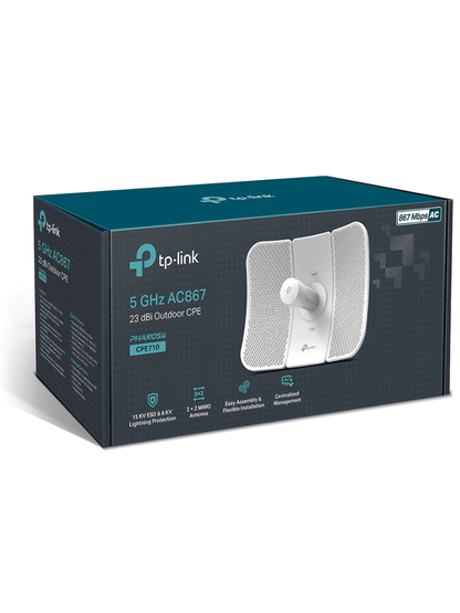 TP-LINK CPE710 - CPE de Exterior 5GHz AC 867Mbps 23dBi de alta ganancia MIMO 2×2  ideal para aplicaciones de larga distancia  Pharos Control para adminstración centralizada y modos de operación: AP  Cliente  Repetidor  AP Router/ AP Cliente Router (