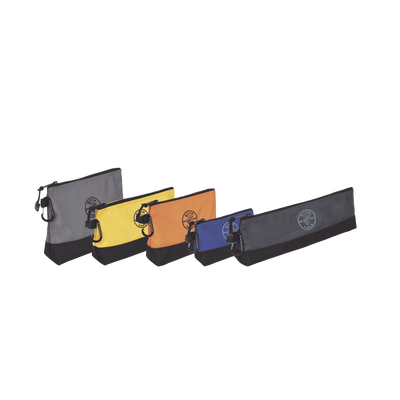 KIT 5 Bolsos Ultra Resistentes para Herramientas con Base y cierre Zipper  Colores: gris claro  amarillo  naranja  azul  gris oscuro. Todos con Mosquetones de Aluminio.
